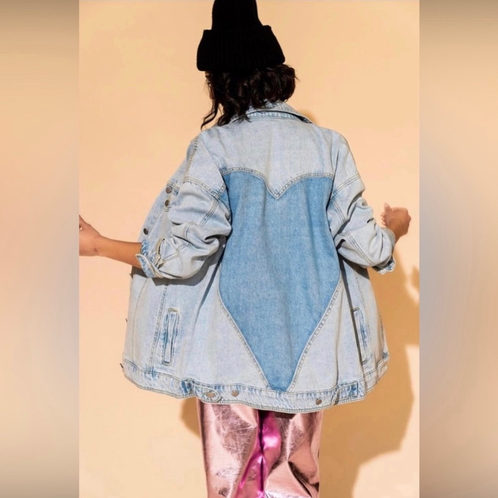 Dressed in LALA Two-Tone Light Blue Heart Back Jean Jacket